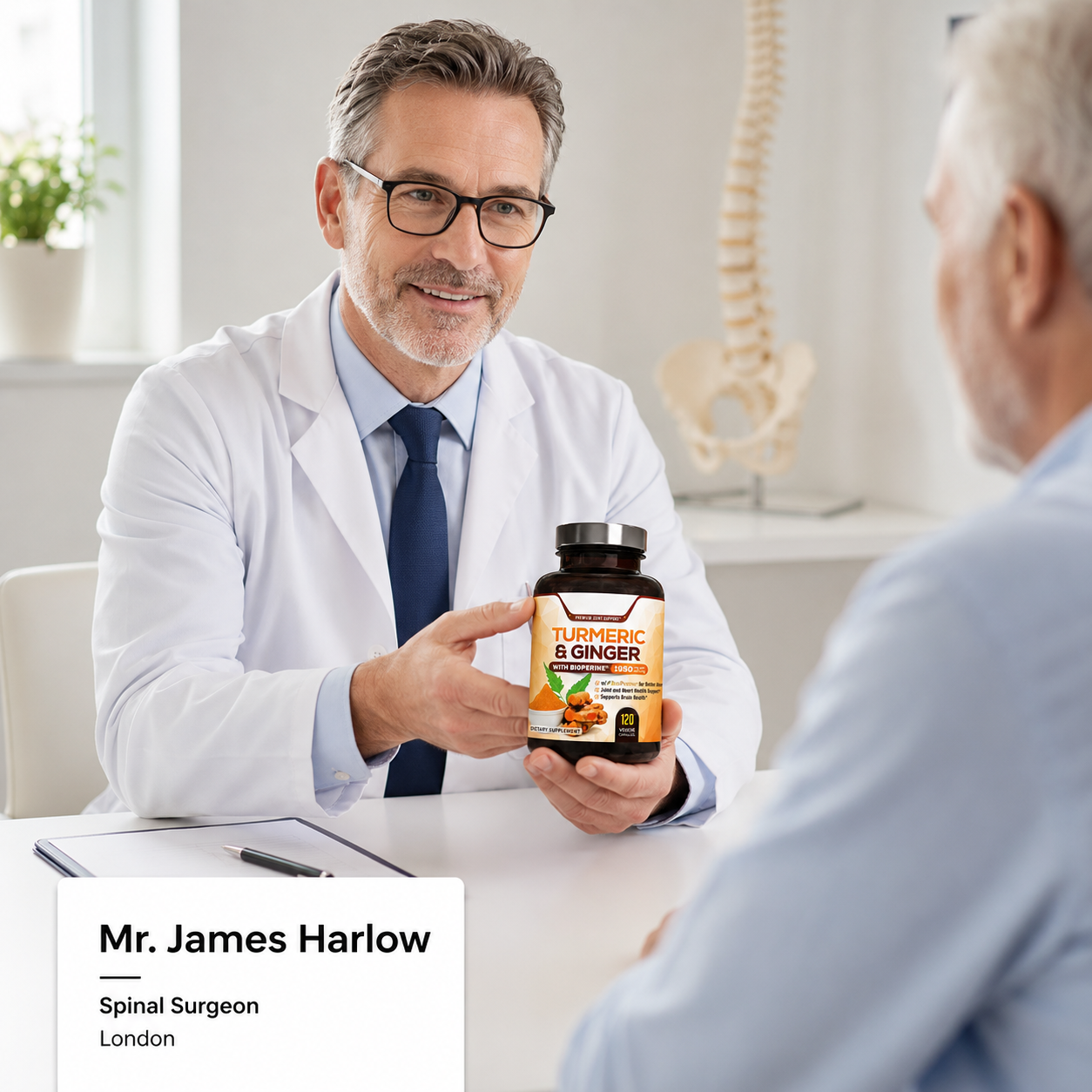 Doctor holding a bottle of Turmeric & Ginger supplements while talking to a patient in a medical office.